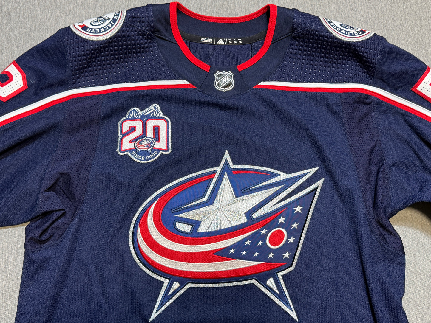 Columbus Blue Jackets Emil Bemstrom Game Worn Jersey with 20th Patch