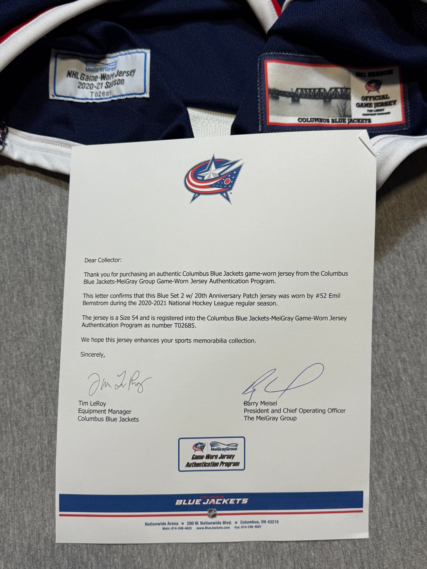 Columbus Blue Jackets Emil Bemstrom Game Worn Jersey with 20th Patch