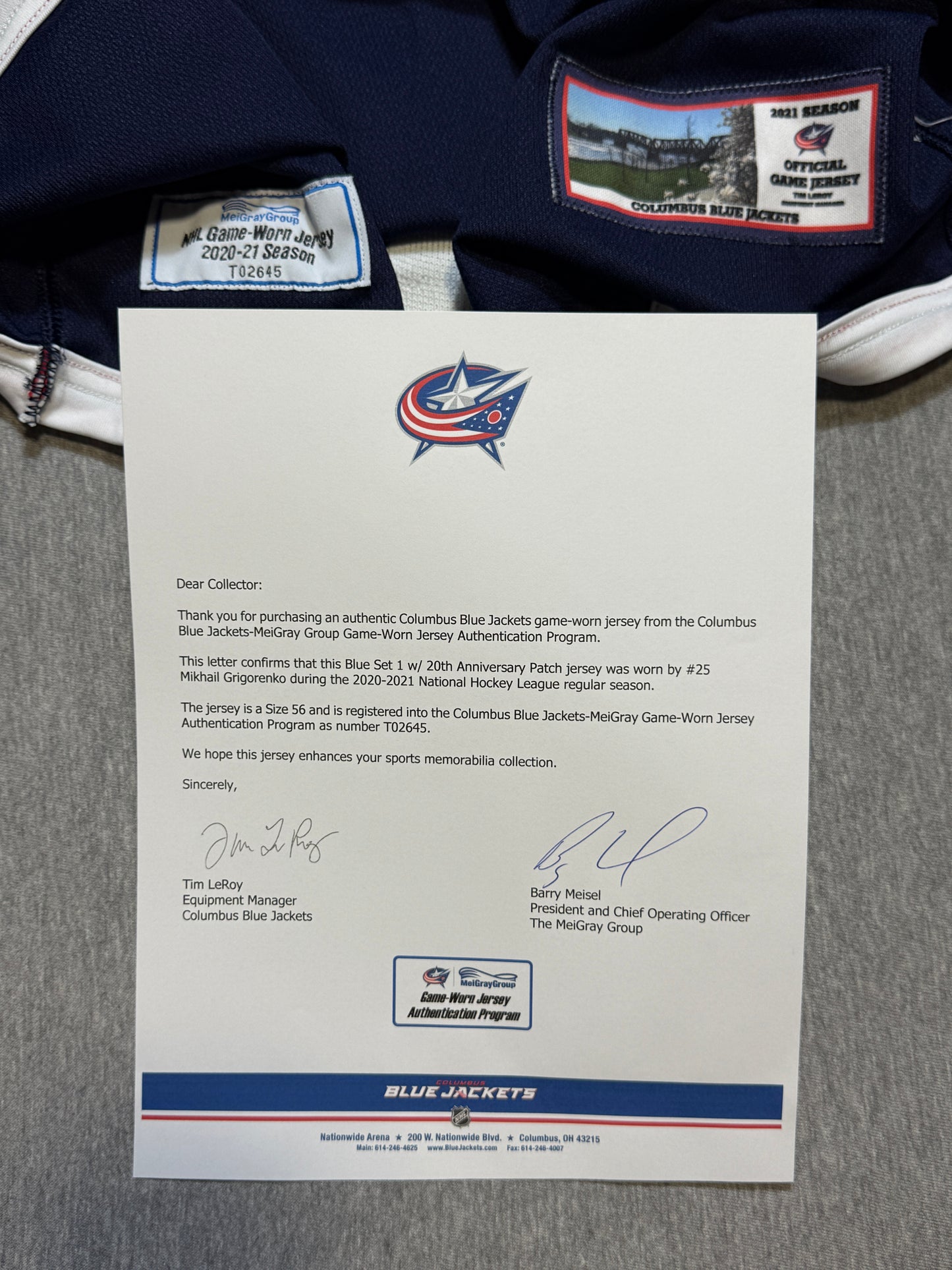 Columbus Blue Jackets Mikhail Grigorenko 20th patched Game Worn Jersey