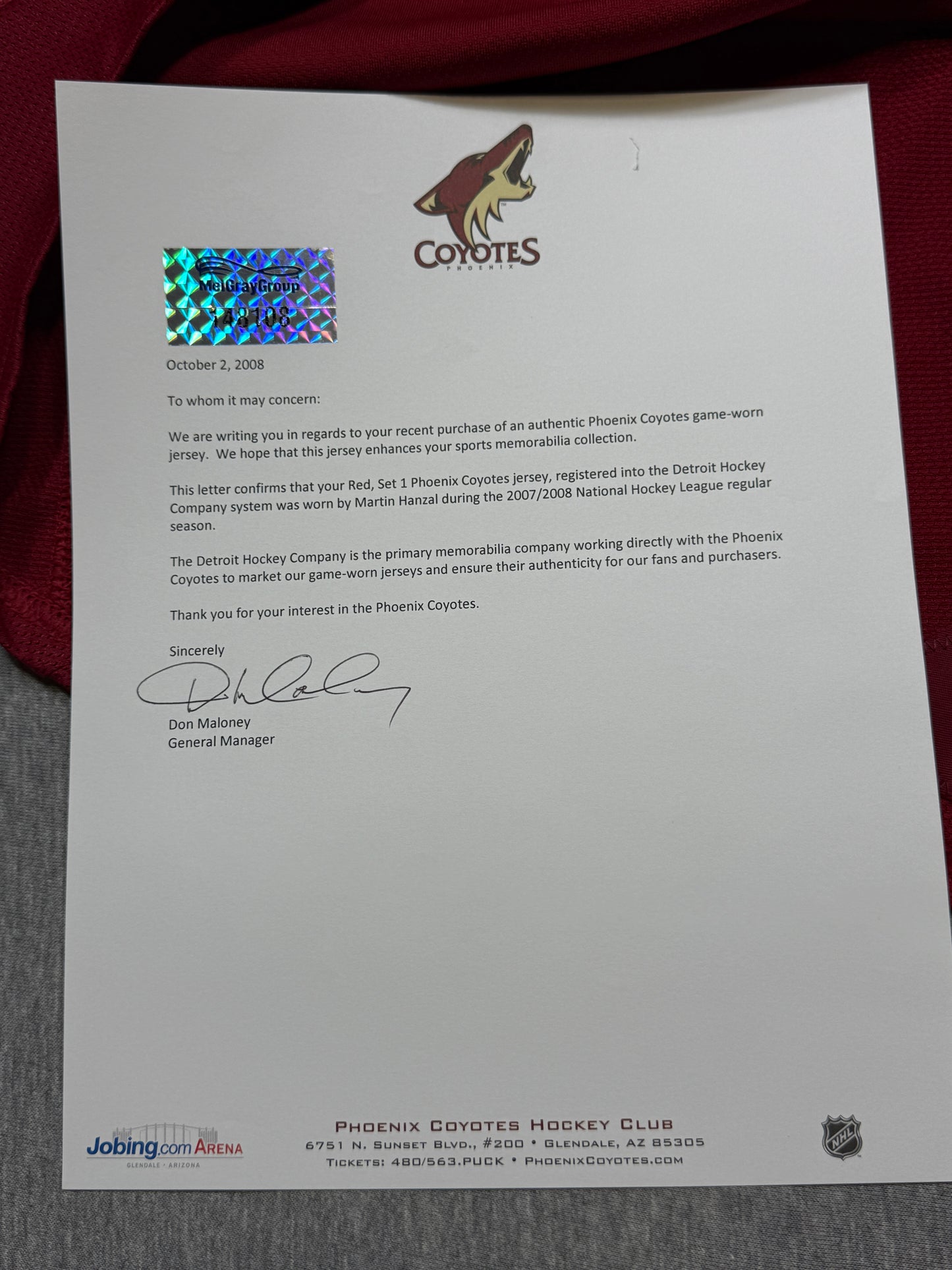 Arizona Coyotes Martin Hanzal Rookie Game Worn Jersey